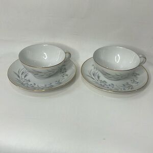 Wentworth Fine China Japan 2 Saucers 2-8 Oz Cups Gold White Pink Blue Tea Time